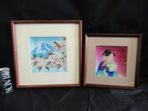 愛知店舗■安藤七宝店■七宝 額装 2個セット 桜富士約32×32㎝　浮世絵・女性 約26×26㎝　レトロ/アンティーク　海外土産にも～