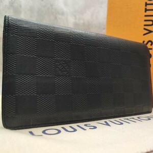 極美品●LOUIS VUITTON ルイヴィトン メンズ ダミエ アンフィニ ブラザ 長財布 二つ折り 小銭入れ有り ロゴ 革レザー 黒 ブラック オニキス