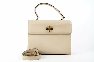 【美品】CELINE セリーヌ ケリー型 ターンロック 2WAY ハンドバッグ アイボリー系【QK31】