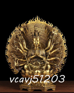 「仏教法具 寺院用仏具」極上品 仏教美術 千手観音菩薩座像 仏像 真鍮製 高さ49cm/重さ約17kg