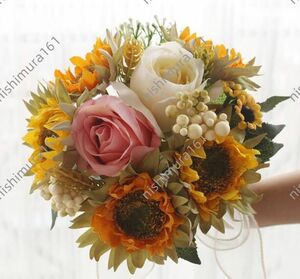 新品★花束★向日葵５頭★薔薇2頭の組み合わせ造花★結婚記念日★