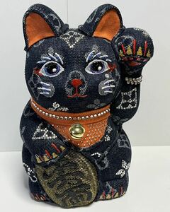 デニムまねき猫 招き猫　陶器　ラインストーン　手作り　一品物　カスタム　アート　置物　ラッキーキャット　デニム　猫　常滑焼