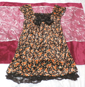 オレンジ花柄黒リボン付きフリルレースネグリジェチュニック Orange flower pattern with black ribbon lace negligee tunic