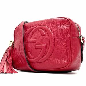 1円【極美品】GUCCI グッチ ショルダーバッグ トート フリンジ タッセル ソーホー ゴールド金具 レザー 本革 レッド 赤色 斜め掛け