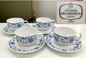 Noritake カップ＆ソーサー4客 モダンブルー フラワー柄 PROGRESSION/プログレッション ノリタケ