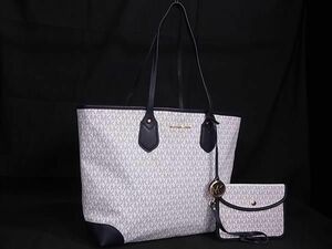 1円 ■美品■ MICHAEL KORS マイケルコース 30S9GV0T9B MK柄 PVC×レザー トートバッグ ショルダー 肩掛け ホワイト系×ネイビー系 FA6350