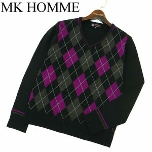 MK HOMME ミッシェルクラン オム 秋冬 ウール混★ アーガイル Vネック ニット セーター Sz.46　メンズ　A3T13336_B#K