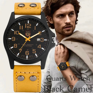 腕時計 ツートン アナログ メンズ クォーツ 時計 高品質 レザー ファッション時計 ウォッチ ブラックイエロー 男女兼用　1