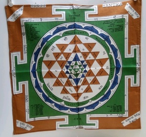 《送込》(149)バンダナ　回りが迷路風柄　茶色+緑色　綿100％　インド製　約50㎝角　未使用　個包装での保管　ミスプリ　ハンカチ　マット