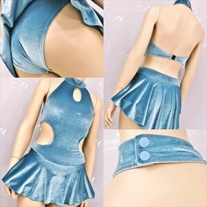 PE2-W12☆新品同様♪超SEXY☆リッチなベルベット素材のブルーグレー☆露出多め*ワンピースウェア※一番安価な送料はゆうパケットなら250円