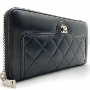 激レア/美品● CHANEL シャネル 長財布 ウォレット ラウンドファスナー ココマーク 金具 ボーイ マトラッセ キルティング ブラック レザー