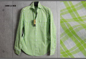 新品コムサメン ダブル オーバー チェック ホリゾンタルカラー 長袖 シャツS緑白 定価2万円/COMME CA MEN