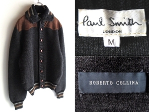 ビンテージ Paul Smith ROBERTO COLLINA ポールスミス別注 ロベルトコリーナ レザーヨーク ニット ジャケット カーディガン M イタリア製