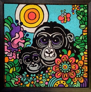 ゴリラ　猿　霊長類　哺乳類　親子　動物画　手描き　ジミー大西好き　真作　一点物　原画　絵画　インテリア　　キモかわ　アクリル画