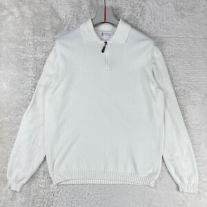 1円 美品! L~XL.LL 最高級 ブルネロクチネリ BRUNELLO CUCINELLI 長袖ニットセーターハーフジップコットン100%メンズホワイト系