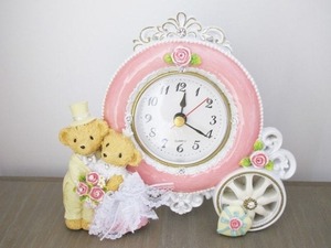 ☆姫系小物ミニチュアドールハウス調 ベアの置物型ウェディング置き時計　くまのウェディング置き時計