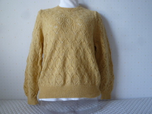 ハンドメイド手編み ニットセーター 総模様 からし色 リーフ模様