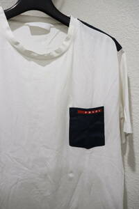 即決 17SS PRADA プラダ ナイロンショルダーパッチ＆ナイロンポケット付き 半袖コマンドTシャツ アーミーTシャツ メンズ L 白×紺