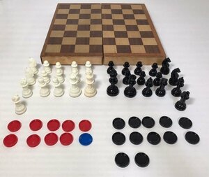【中古】木製チェス盤　折り畳みチェスセット　チェス盤 駒セット