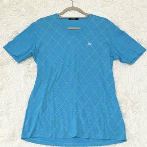 バーバリーブラックレーベル BURBERRY BLACK LABEL Tシャツ 半袖　アーガイル　水色　ブルー　刺繍ロゴ　ホースロゴ　サイズ3（L）