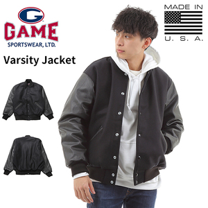 【サイズM】 Game Sportswear ゲームスポーツウェア スタジアムジャケットブラック×ブラック Varsity Jacket アメリカ製 無地 スタジャン