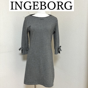 INGEBORG(インゲボルグ)　ワンピース　膝丈　袖リボン　アンゴラ混　千鳥　日本製　