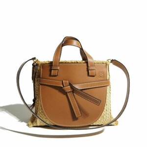 J8309P　▼LOEWE ロエベ▼　ゲート トップハンドル ショルダー付き レザー × ラフィア バッグ キャメル ナチュラル rb mks