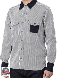 コンビネーションストライプ長袖シャツ◆桃太郎ジーンズ ホワイト40inch(Lサイズ) 40インチ MOMOTARO JEANS 05-307 日本製 国産 ワークシャ