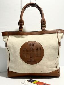 T313■ 極美品 TORY BURCH トリーバーチ TOTE トートバッグ ワンショルダー 肩掛け A4収納 大容量ヴィンテージ コットンキャンパス牛革