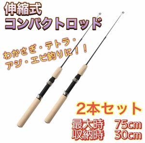 ショートロッド 釣り竿 2本セット 穴釣り 伸縮 コンパクトロッド テトラ ワカサギ えび　ロック　釣り 子供　エギング　釣竿