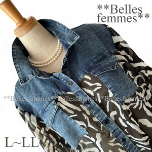 ★Belles*★新品★L～LL★送料185円*エッジの効いた個性的デザイン*デニム＆シフォン切替*たっぷり長め丈*チュニックブラウス*446