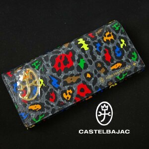 新品1円～★定価2万 CASTELBAJAC カステルバジャック 箱付き 牛革レザー 二つ折り長財布 ロングウォレット かぶせ レオパール 黒 ◆1228◆