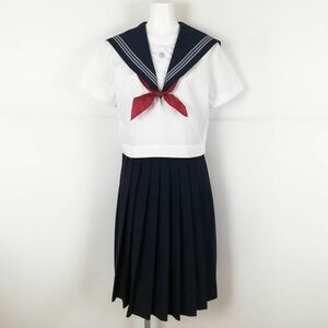 1円 セーラー服 スカート スカーフ 上下3点セット 夏物 グレー3本線 女子 学生服 高知岡豊高校 白 制服 中古 ランクC NA1178