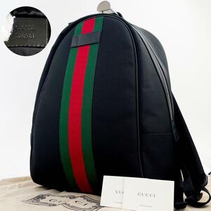 未使用に近い 1円 GUCCI グッチ シェリーライン リュック バックパック キャンバス ブラック デイパック レザー リュックサック 男女兼用