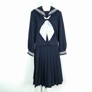 1円 セーラー服 スカート スカーフ 上下3点セット 大きいサイズ 冬物 白3本線 女子 学生服 中学 高校 紺 制服 中古 ランクC NA1073