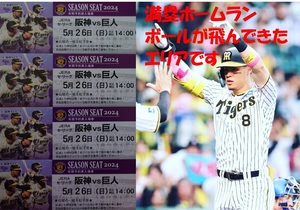 阪神　甲子園　5/26(日)　阪神タイガースvs巨人　読売ジャイアンツ　チケット　ライト下段　4連番並び席セット　中止補償有