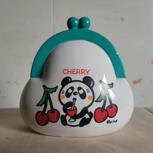 内藤ルネ RUNE CHERRY 当時物 さくらんぼ柄 がま口 お財布型 陶器製 貯金箱 ルネ レトロ ファンシー雑貨　昭和レトロ パンダ グリーン 財布