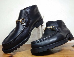 【美品】ITALY製 オールドグッチ/GUCCI ホースビット ブーツ Mens 41E 25.5cm相応 黒 ブラック/ローファー