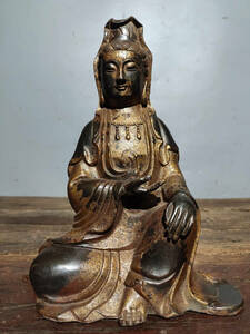 ▽鴻▽ 銅製 泥金 朱砂 自在觀音像 置物 古賞物 中国古玩 中国古美術