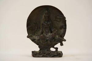 【萬古】中国古美術 仏教美術 銅製 仏像 観音菩薩 古美術 古玩 骨董品 唐物 時代物 当時物 置物 高さ 10㎝