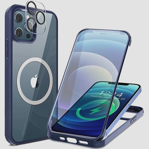 送料無料★HAUTRKBG iPhone13Miniケース クリア両面強化ガラス全面保護MagSafe対応5.4インチ(ブルー)