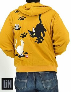 ラミ＆アール ケンケンパードルマンスリーブパーカー◆LIN マスタードXLサイズ AL-75079 猫 ねこ 鼠 ネズミ 刺繍 男女兼用 ユニセックス