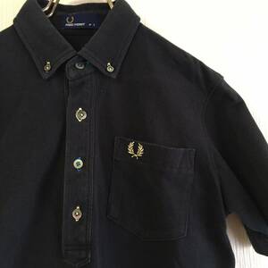 日本製★FRED PERRY フレッドペリー ロゴ刺繍 半袖 ボタンダウン ポロシャツ ブラック Sサイズ