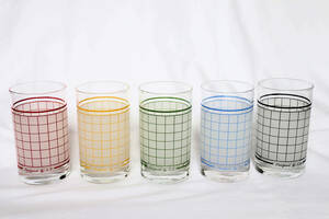 昭和レトロ　デザイングラス(Designed by S.D) 赤、黄、緑、青、黒、5個セット