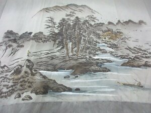 1円 良品 化繊 長襦袢 男性用 和装 和服 浮世絵 田舎風景 家屋 川 舟 人物 高級 渋カッコいい 単衣 身丈126cm 裄63cm【夢職】★★★