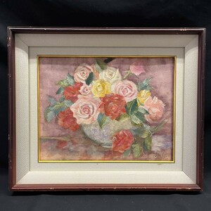 【額装】T.a ? サイン有 静物画 バラ 薔薇 花瓶 和紙伝統工芸？縦47cm 横55.5cm