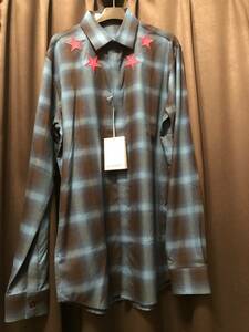 【新品】Givenchy Cuban-Fit Star-Appliqued Checked Brushed Twill Shirt Blue Size:EU39 ジバンシー