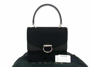 1円 ■極美品■ CELINE セリーヌ ガンチーニ金具 ナイロン×レザー Wフラップ ワハンドル ハンドバッグ レディース ブラック系 FC0405