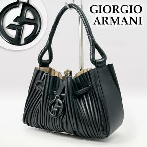 ジョルジオアルマーニ ワンバンドル ハンドバッグ 黒 ブラック ジャバラ プリーツ ロゴ金具 GIORGIO ARMANI かばん バッグ GA レディース