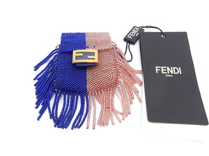 フェンディ FENDI ピコバケット ビーズ チャーム イヤフォンケース 小物入れ ブルー×ピンク チェーン付き【未使用品】【極上美品】